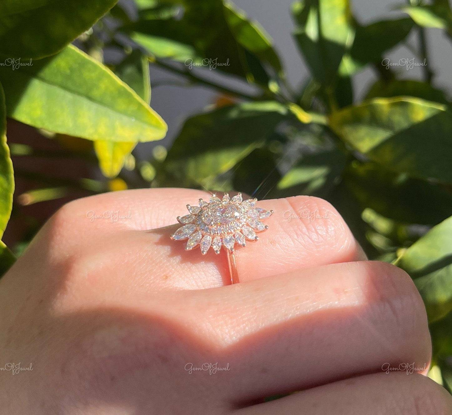 Oval Center With Pear Flower Shape Halo Ring, Oval Moissanite Diamond With Pear Moissanite Flower Ring , butterfly Ring Starburst Ring