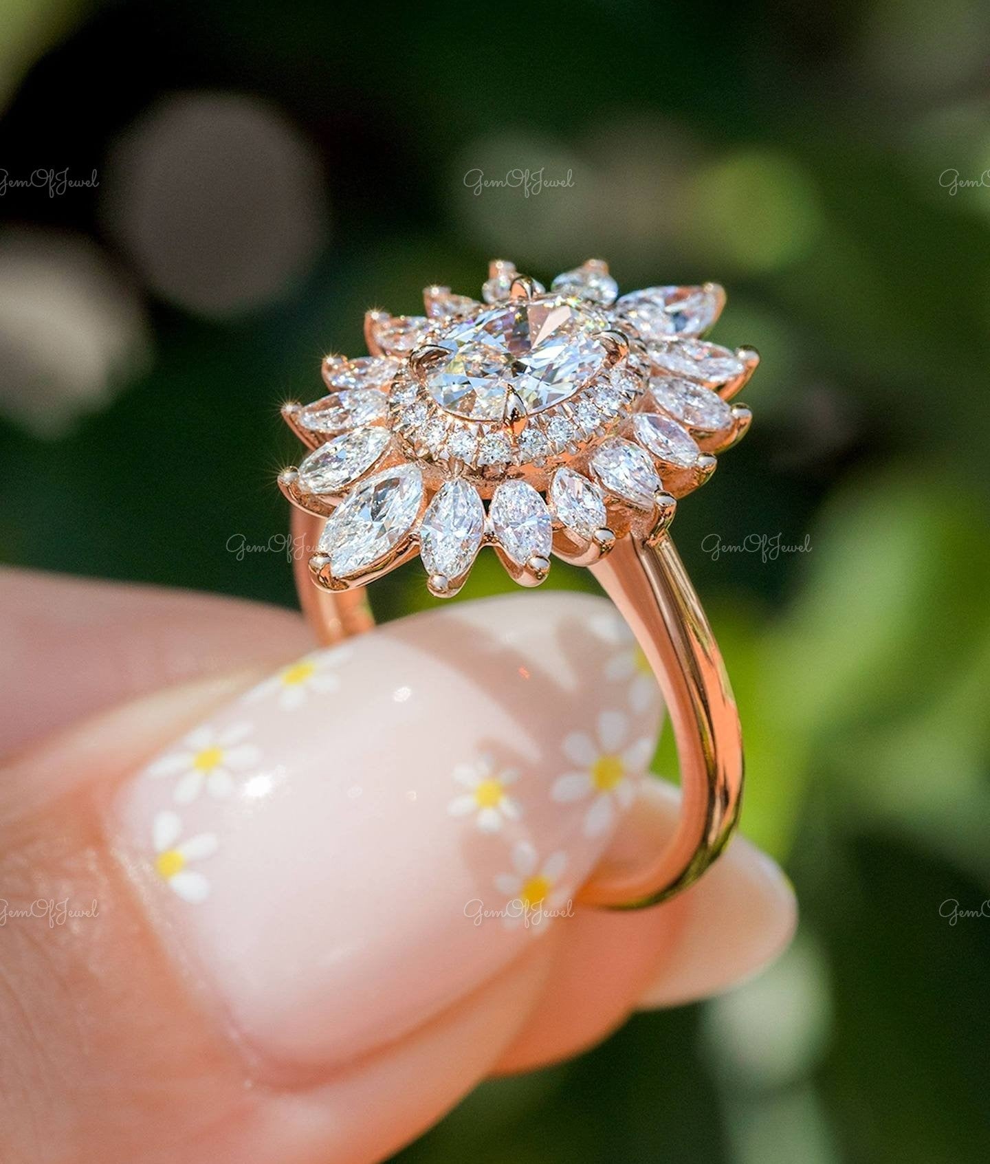 Oval Moissanite Diamond With Marquise Diamonds Flower Shape Halo Ring, Oval Moissanite Diamond With Pear Moissanite Ring, Butterfly Ring