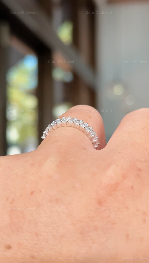 Emerald Moissanite Half Eternity Wedding Ring, Emerald Diamond Moissanite Wedding Band, Emerald Diamond Matching Band, 3mm Diamond Band
