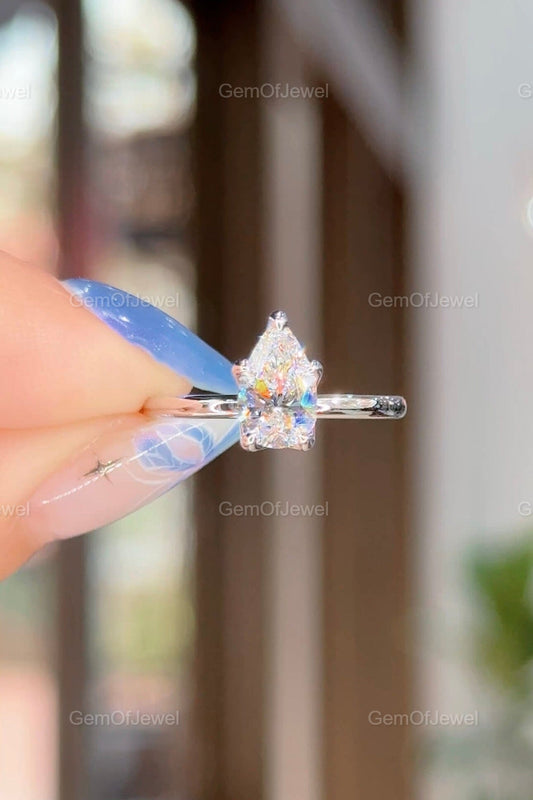 Pear Moissanite Diamond Tulip Prong Engagement Ring, Petal Prong 1CT Pear Solitaire Moissanite Ring For Her, Pear Moissanite Diamond Ring