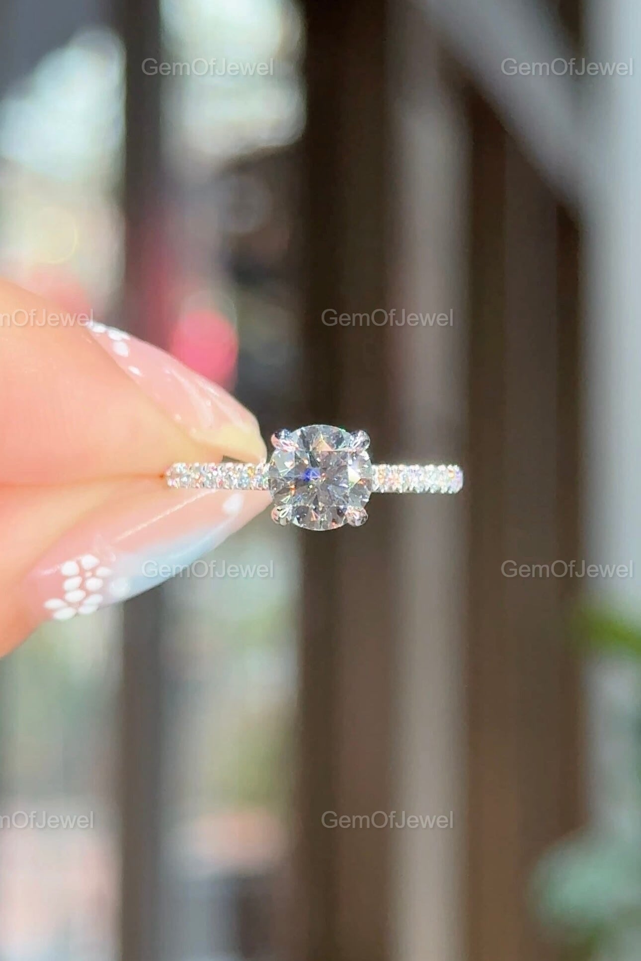 1CT Round Moissanite Diamond Ring, Round Moissanite Engagement Ring With Hidden Halo And Pave Half Eternity Band, Round Cut Diamond Ring