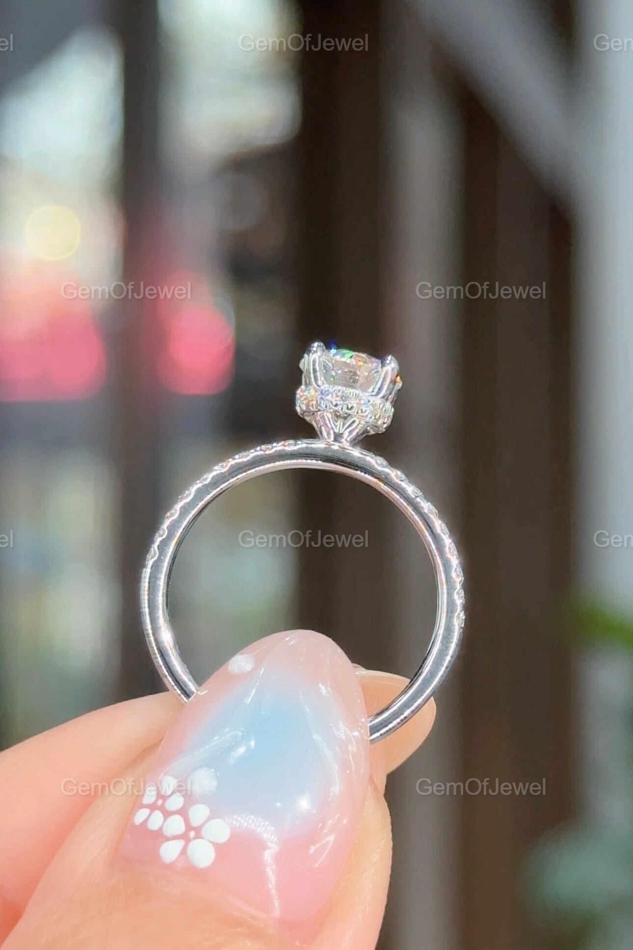 1CT Round Moissanite Diamond Ring, Round Moissanite Engagement Ring With Hidden Halo And Pave Half Eternity Band, Round Cut Diamond Ring