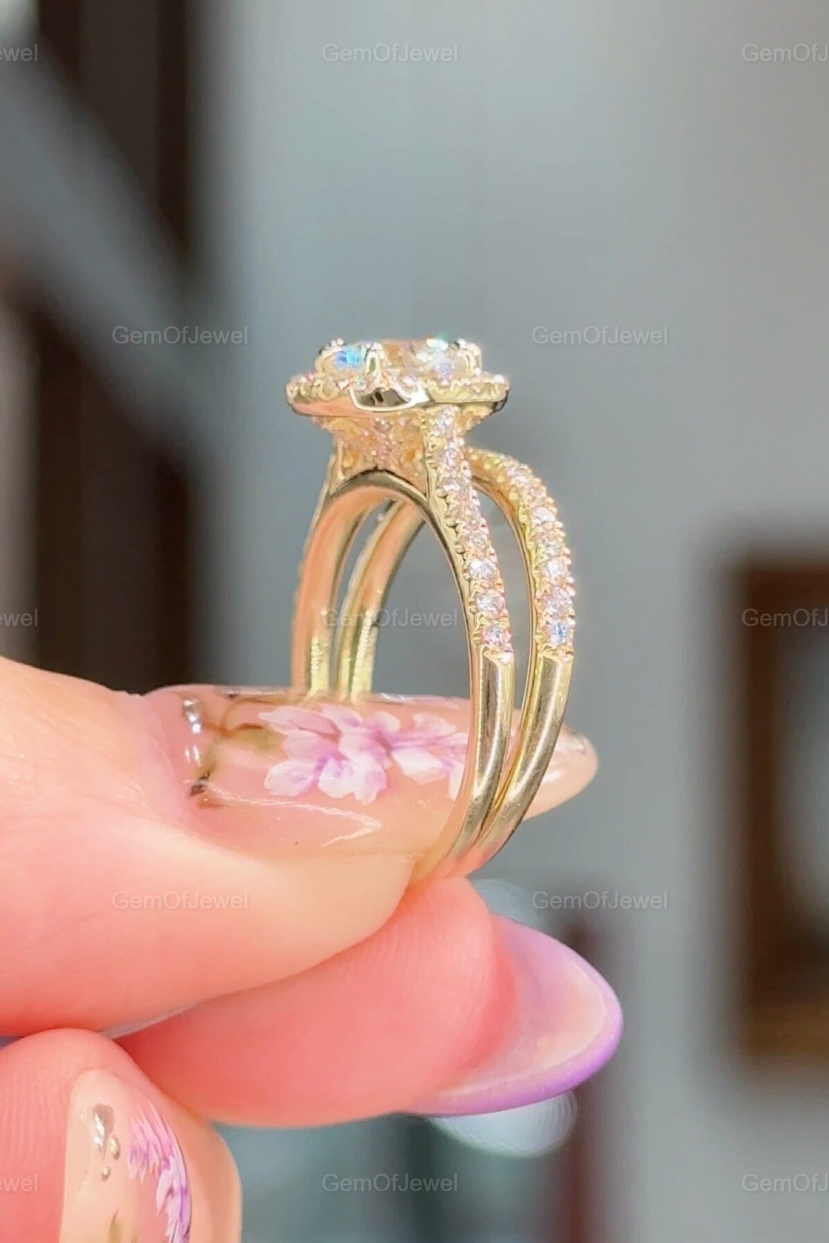 1CT Round Moissanite With Halo Engagement Ring, Round Cut Ring With Diamonds On Prong, 1CT Round Cut Ring With Matching Band Bridal Ring Set