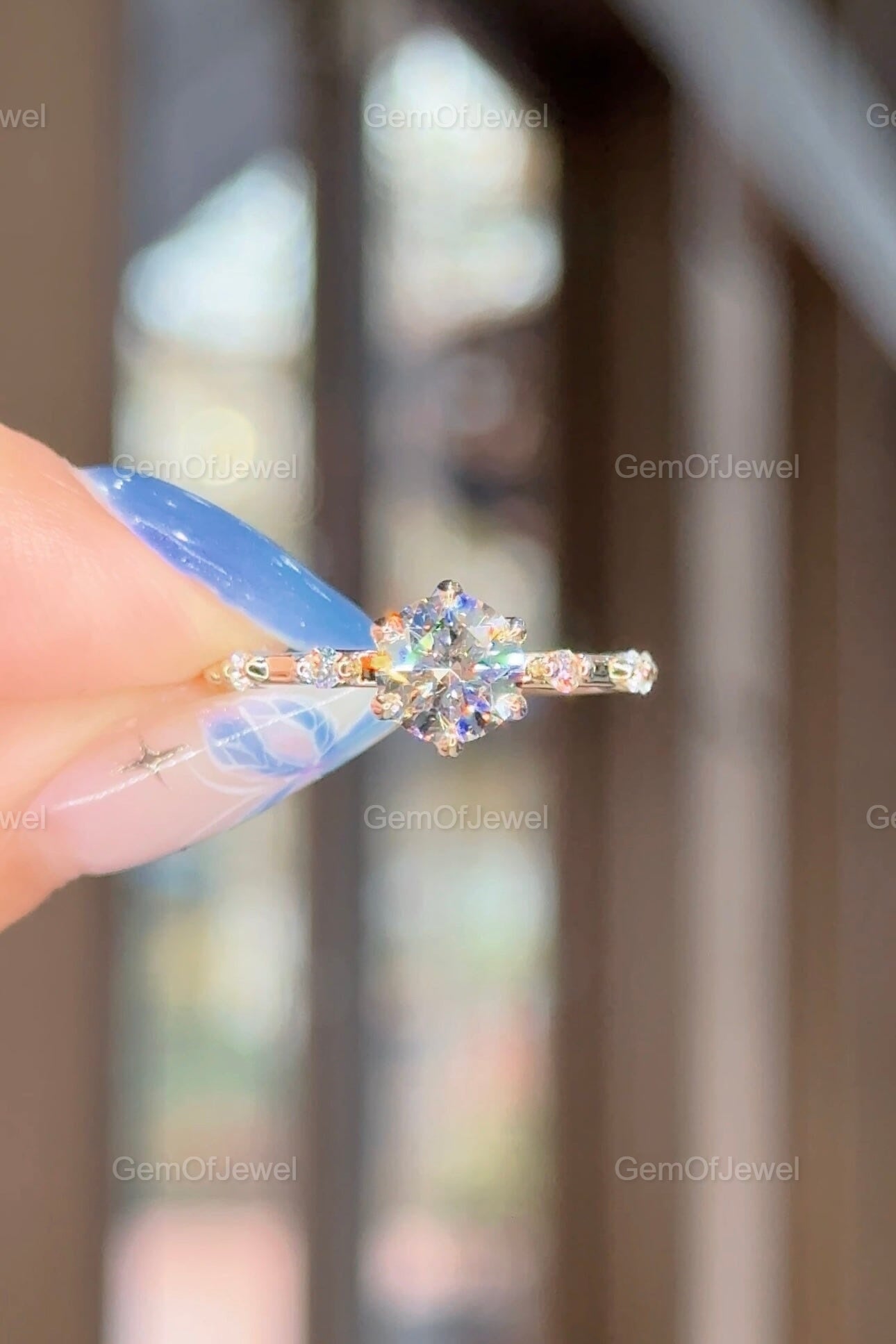 Round Diamond Moissanite Vintage Ring With Lotus Prong Of Round Moissanite Diamond And Bubble Design Band, Round Moissanite Vintage Ring