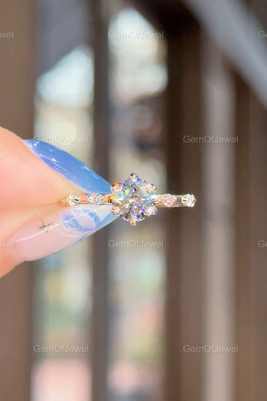 Round Diamond Moissanite Vintage Ring With Lotus Prong Of Round Moissanite Diamond And Bubble Design Band, Round Moissanite Vintage Ring