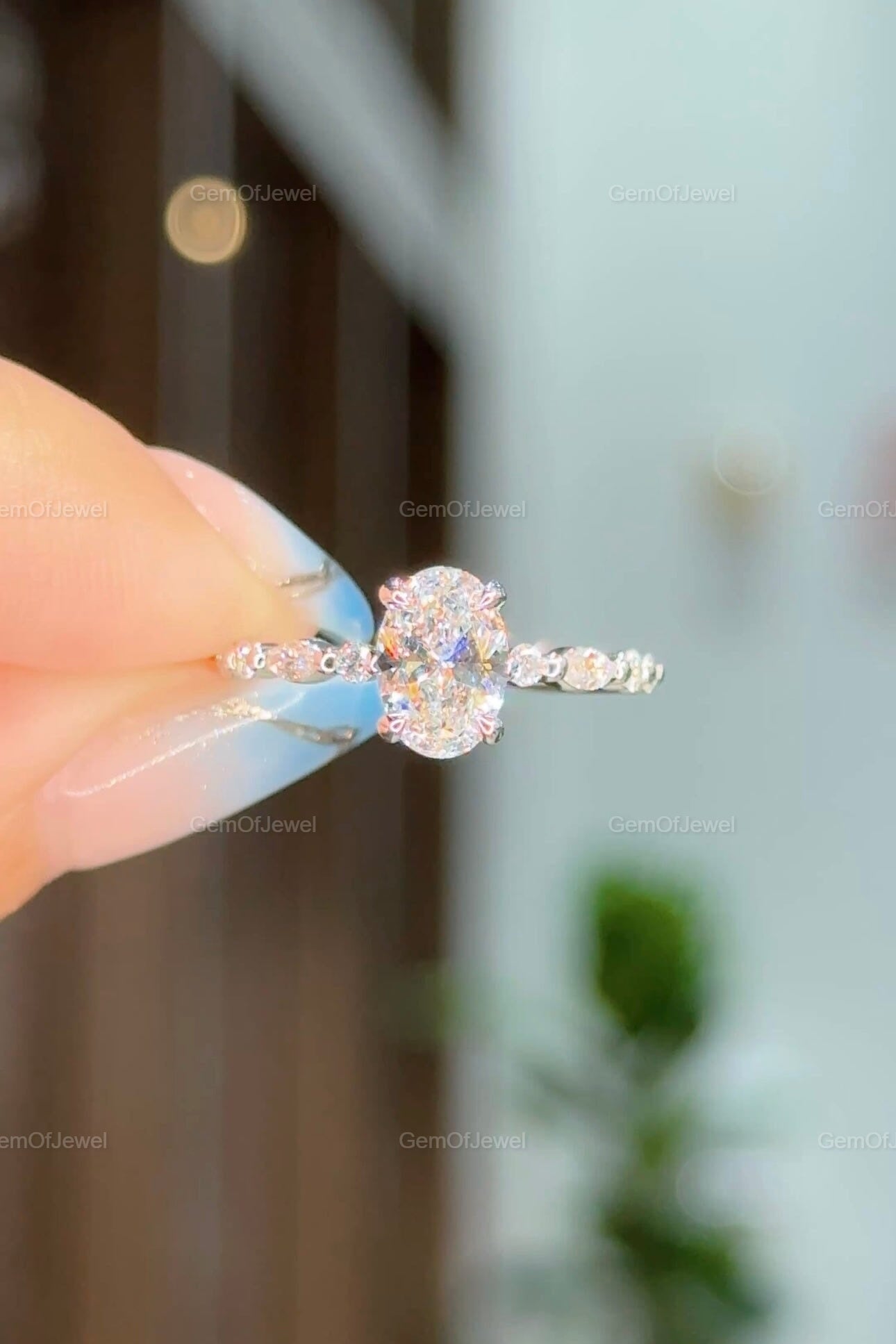 1ct Oval Moissanite Diamond Engagement Ring With Side Stone Marquise And Round Moissanite 14K Gold Hidden Halo Ring, Oval Bubble Band Ring