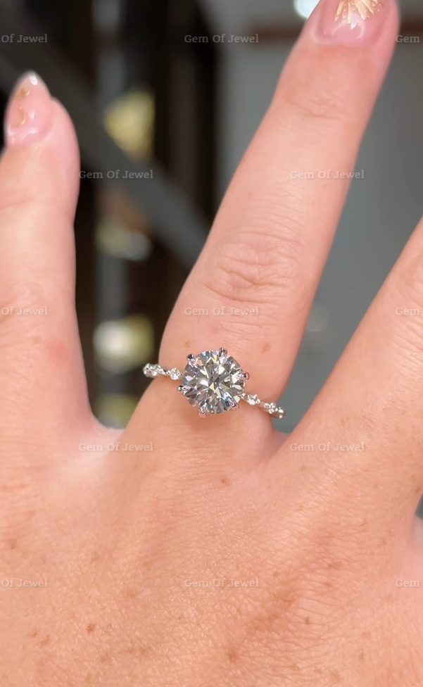 2CT Lotus Prong Round Moissanite Diamond Ring With Floating Bubble Band With Six Prong Lotus Petal Prongs, 2CT Round Moissanite Diamond Ring