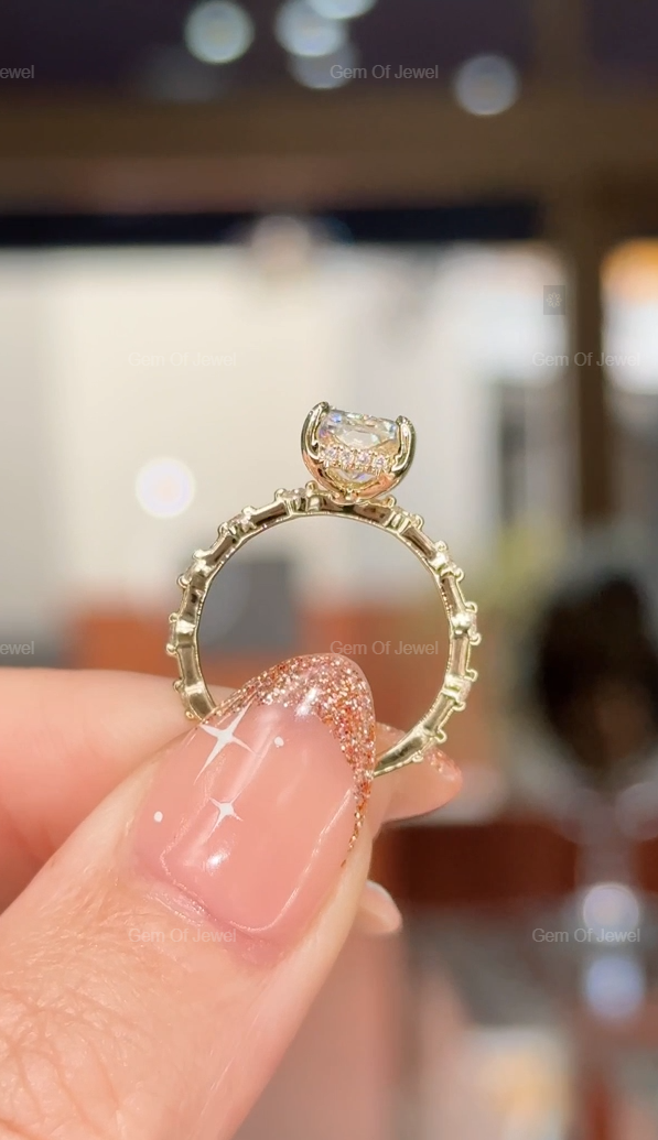 2.5CT Radiant Moissanite Diamond Ring With Round Moissanite Diamond Band Solid Gold Ring, Radiant Moissanite Diamond Engagement Ring For Her