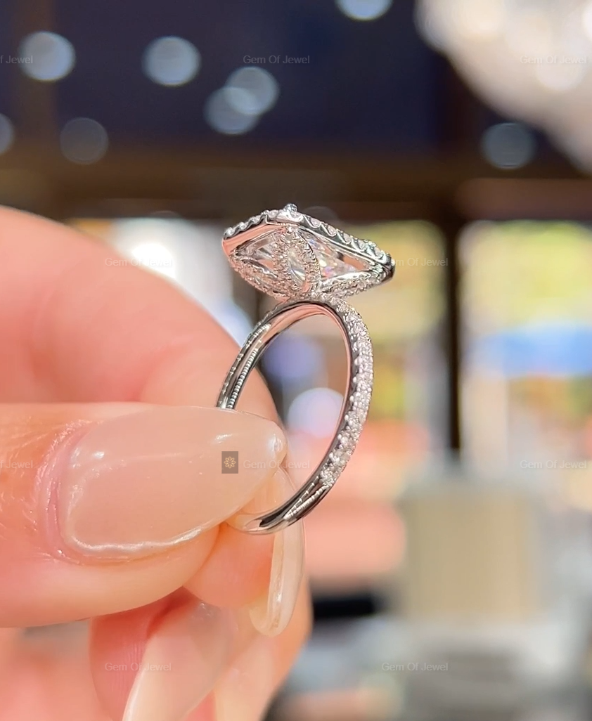Radiant Cut Moissanite Diamond With Halo Of Round Moissanite Diamond And Petal Prong Solid Gold Ring, Lotus Prong Ring, Radiant Diamond Ring