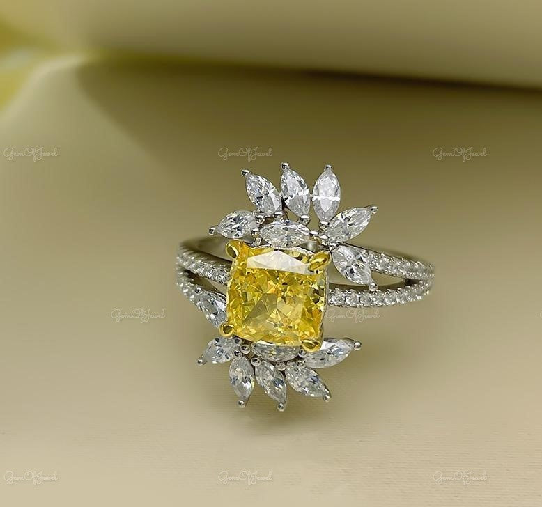 Flower Shape Yellow Sapphire Cushion Cut Simulated Stone With Halo Of Marquise Moissanite Diamond Unique Band ,Marquise Moissanite Diamond