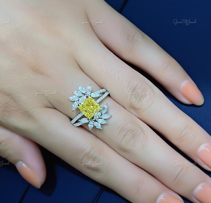 Flower Shape Yellow Sapphire Cushion Cut Simulated Stone With Halo Of Marquise Moissanite Diamond Unique Band ,Marquise Moissanite Diamond