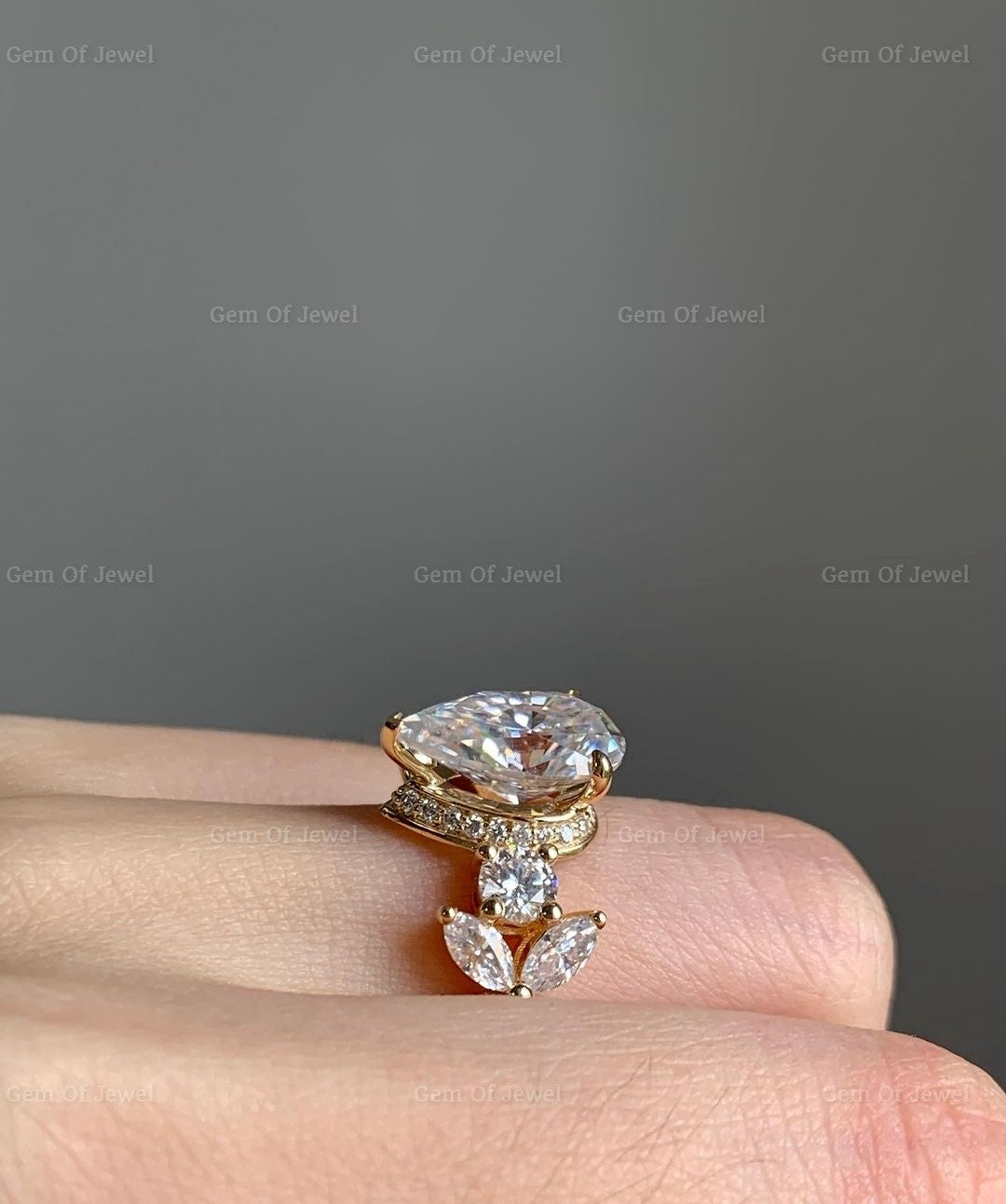 Pear Diamond Ring With Marquise And Round Moissanite Flower Shape Band Ring, Marquise Diamond Ring, Flower Shape Pear Cut Diamond Ring