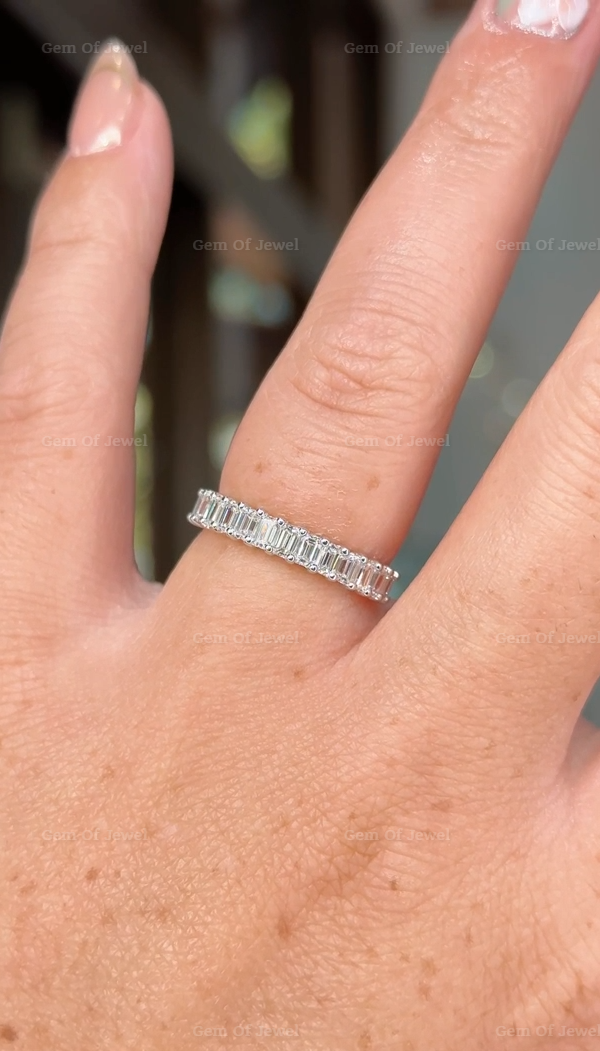 Emerald Moissanite Half Eternity Wedding Ring, Emerald Diamond Moissanite Wedding Band, Emerald Diamond Matching Band, 3mm Diamond Band