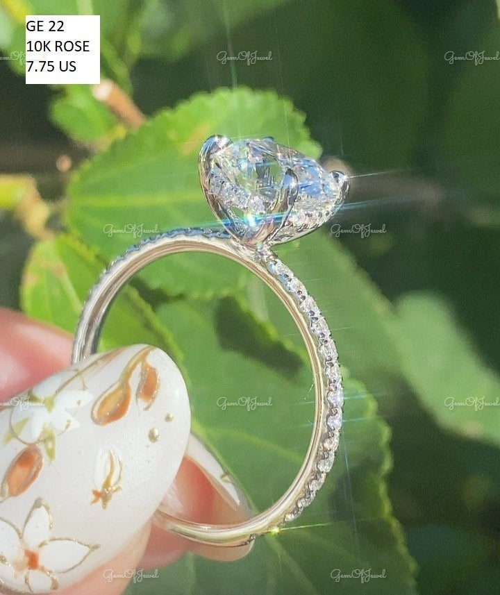 2CT Round Moissanite Diamond Ring, Round Moissanite Engagement Ring With Hidden Halo And Pave Half Eternity Band, Round Cut Diamond Ring
