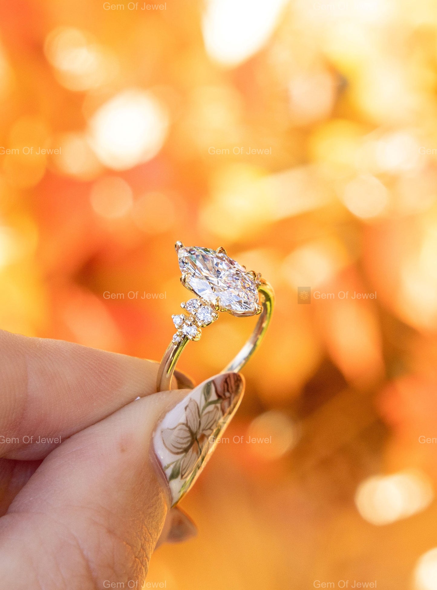 2CT Marquise Diamond Moissanite Ring With Side Round Moissanite Diamond, 2CT Diamond Ring For Her, Cluster Setting Ring , 2CT Marquise Ring