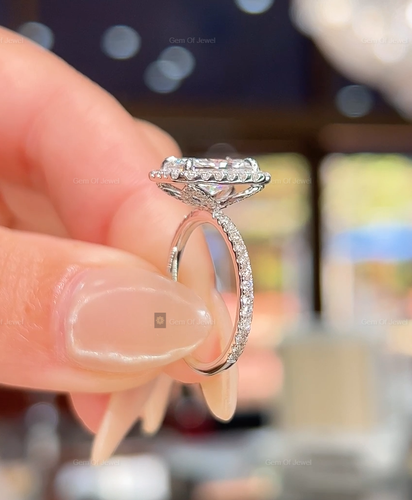 Radiant Cut Moissanite Diamond With Halo Of Round Moissanite Diamond And Petal Prong Solid Gold Ring, Lotus Prong Ring, Radiant Diamond Ring