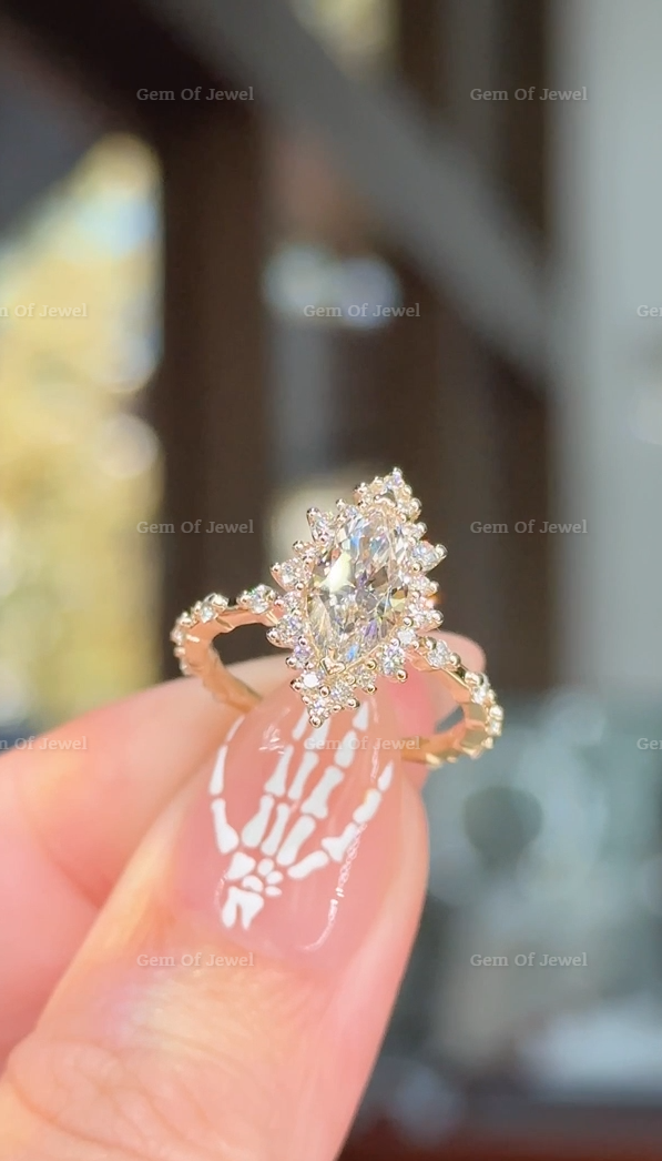 Marquise Diamond Moissanite Vintage Ring With Halo Of Round Moissanite Diamond And Bubble Design Band, Marquise Moissanite Vintage Halo Ring