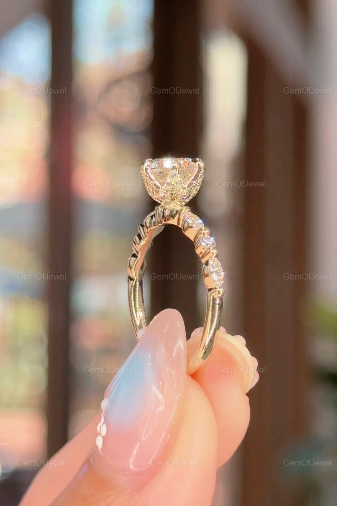 1CT Round Diamond Moissanite Engagement Ring, Lotus Prong With Side Stone Marquise And Round Diamond Bubble Band, Petal Prong Diamond Ring