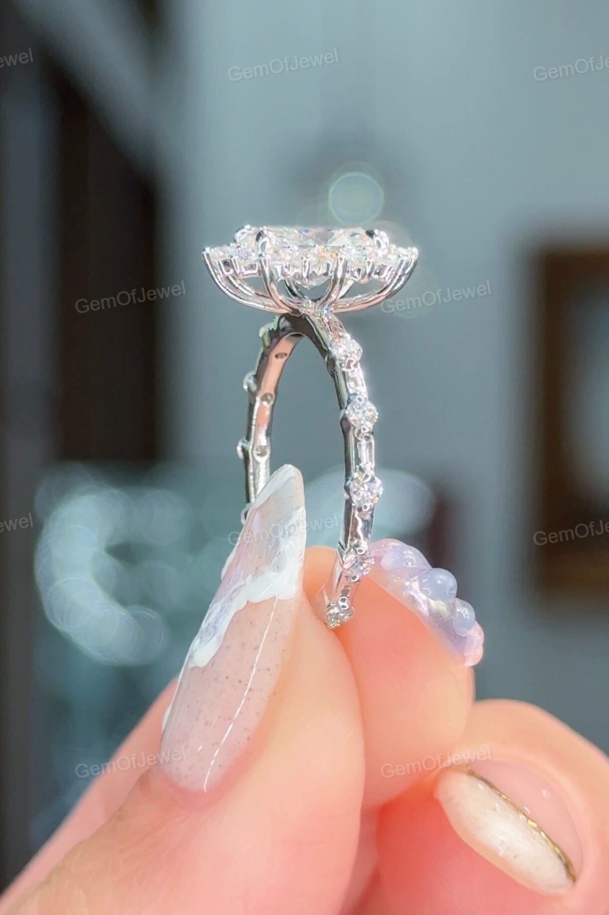 Oval Moissanite Diamond Ring, Flower Halo With Floating Bubble Diamonds Ring, Cluster Halo Pave Set Diamonds Ring, Oval Moissanite Ring