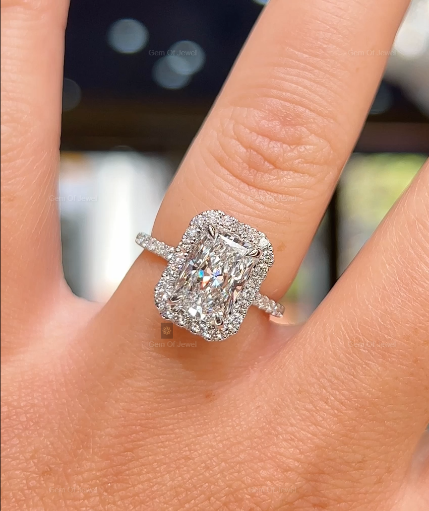 Radiant Cut Moissanite Diamond With Halo Of Round Moissanite Diamond And Petal Prong Solid Gold Ring, Lotus Prong Ring, Radiant Diamond Ring