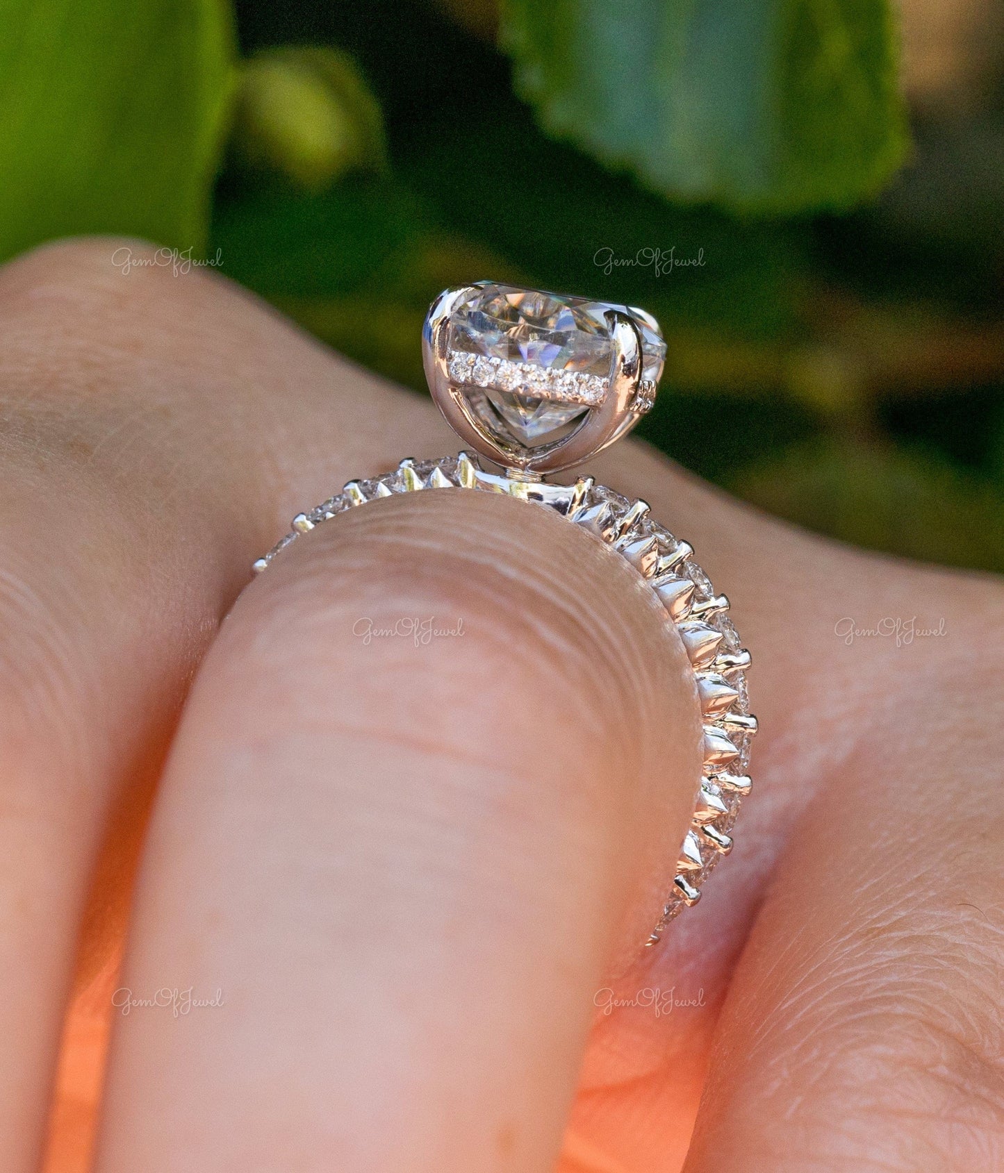 Moissanite Oval Diamond Engagement Ring With Under Halo Of Round Moissanite Diamond With Eternity Band Engagement Ring For Her