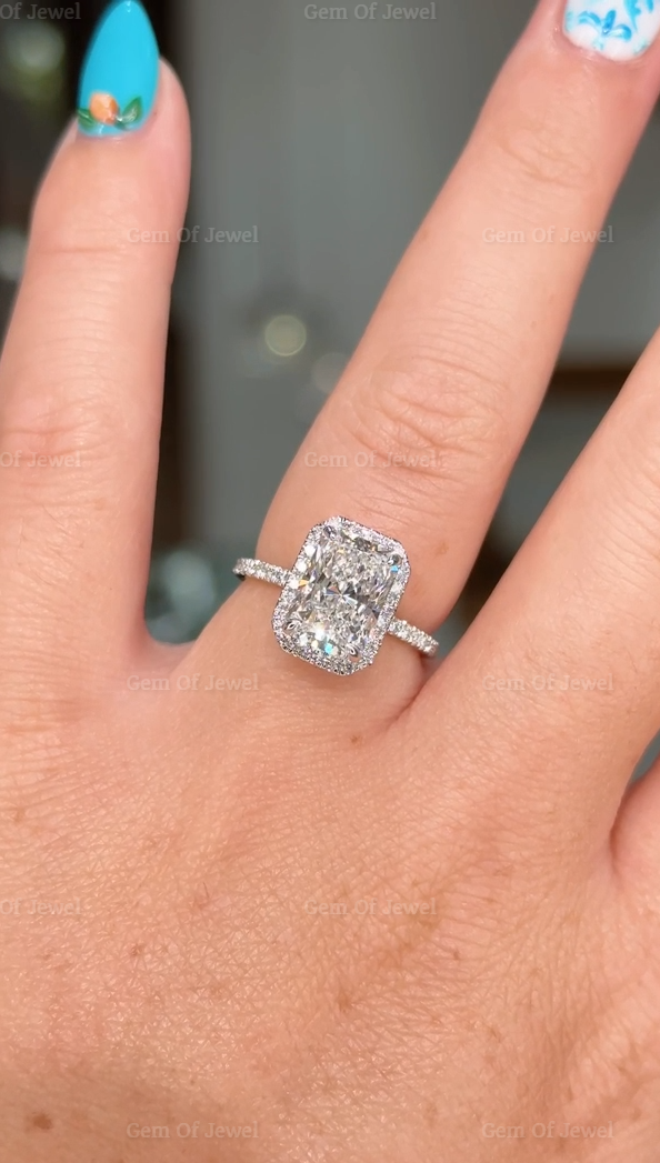 3CT Radiant Moissanite Diamond With Halo Of Round Moissanite Diamond And Diamonds Prong Solid Gold Ring, 3CT Radiant Moissanite Diamond Ring