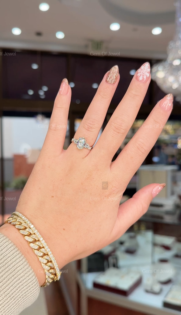 Oval Diamond Moissanite Ring With Flower Shape Pave Engagement Ring For Her, Oval Flower Shape Ring, Oval Moissanite Diamond Engagement Ring