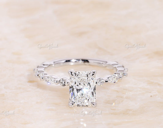 Radiant Cut Diamond Moissanite Diamond Engagement Ring With Round And Marquise Alternate Diamond On Eternity Band, Radiant Diamond Ring