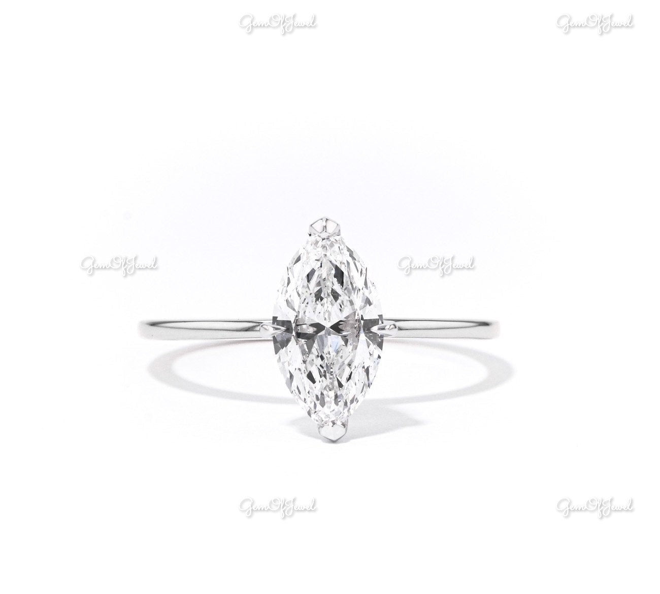Marquise Diamond Ring With Plain Solid Band Ring With Round Moissanite Diamond Band, Marquise Six Prong Ring And Band Set For Her