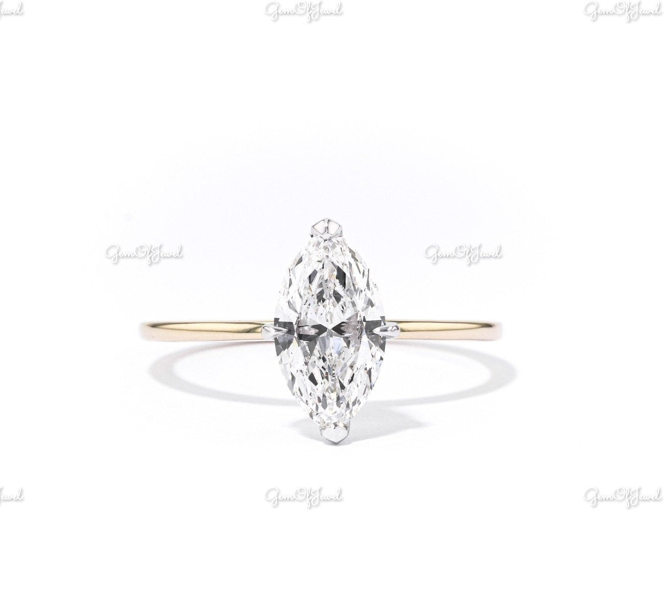 Marquise Diamond Ring With Plain Solid Band Ring With Round Moissanite Diamond Band, Marquise Six Prong Ring And Band Set For Her