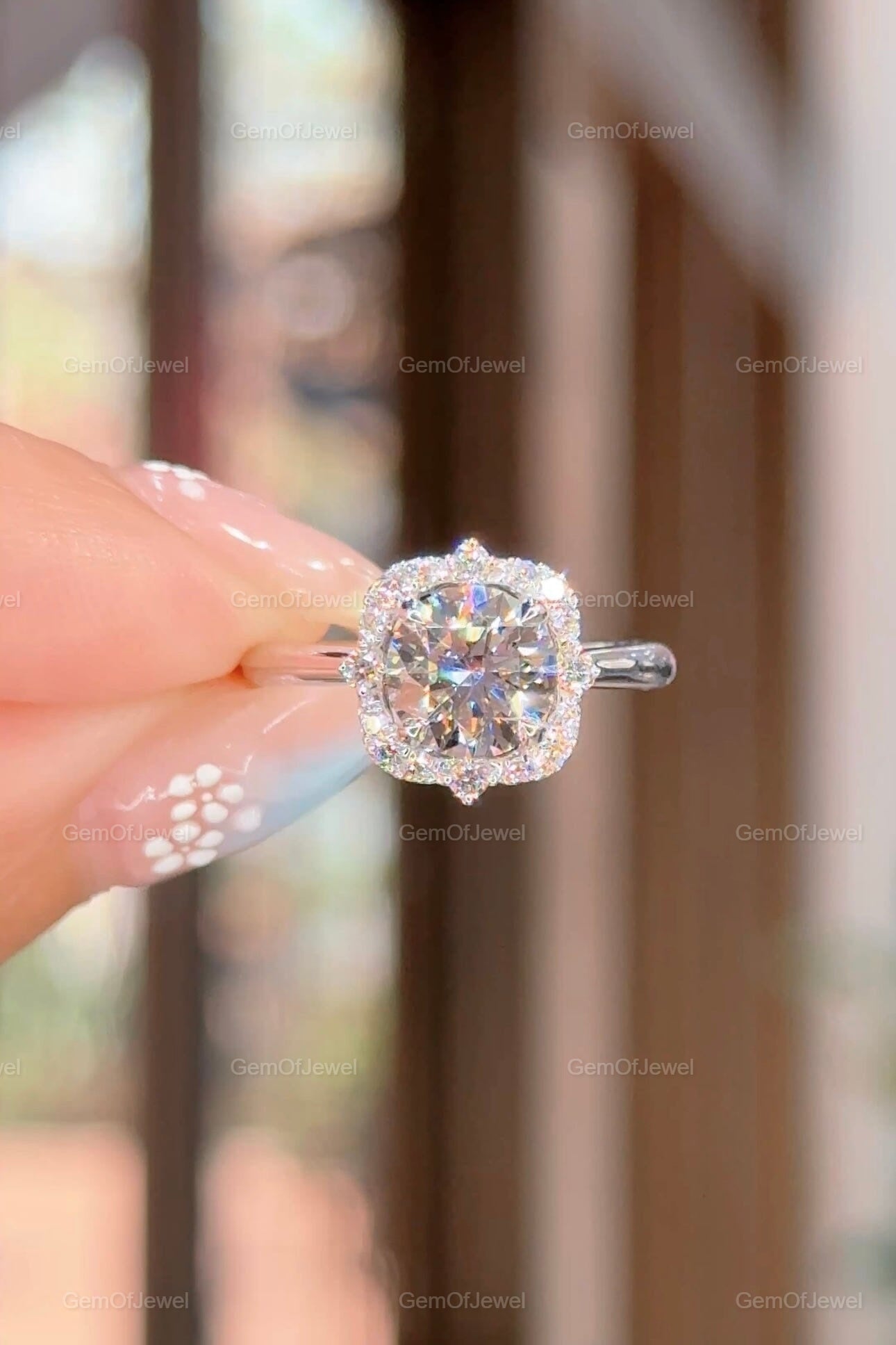 Round Moissanite Diamond 1.50CT Diamond With Flower Shape Halo of Round Moissanite Engagement Ring, With Lotus Prong Halo Diamond Ring