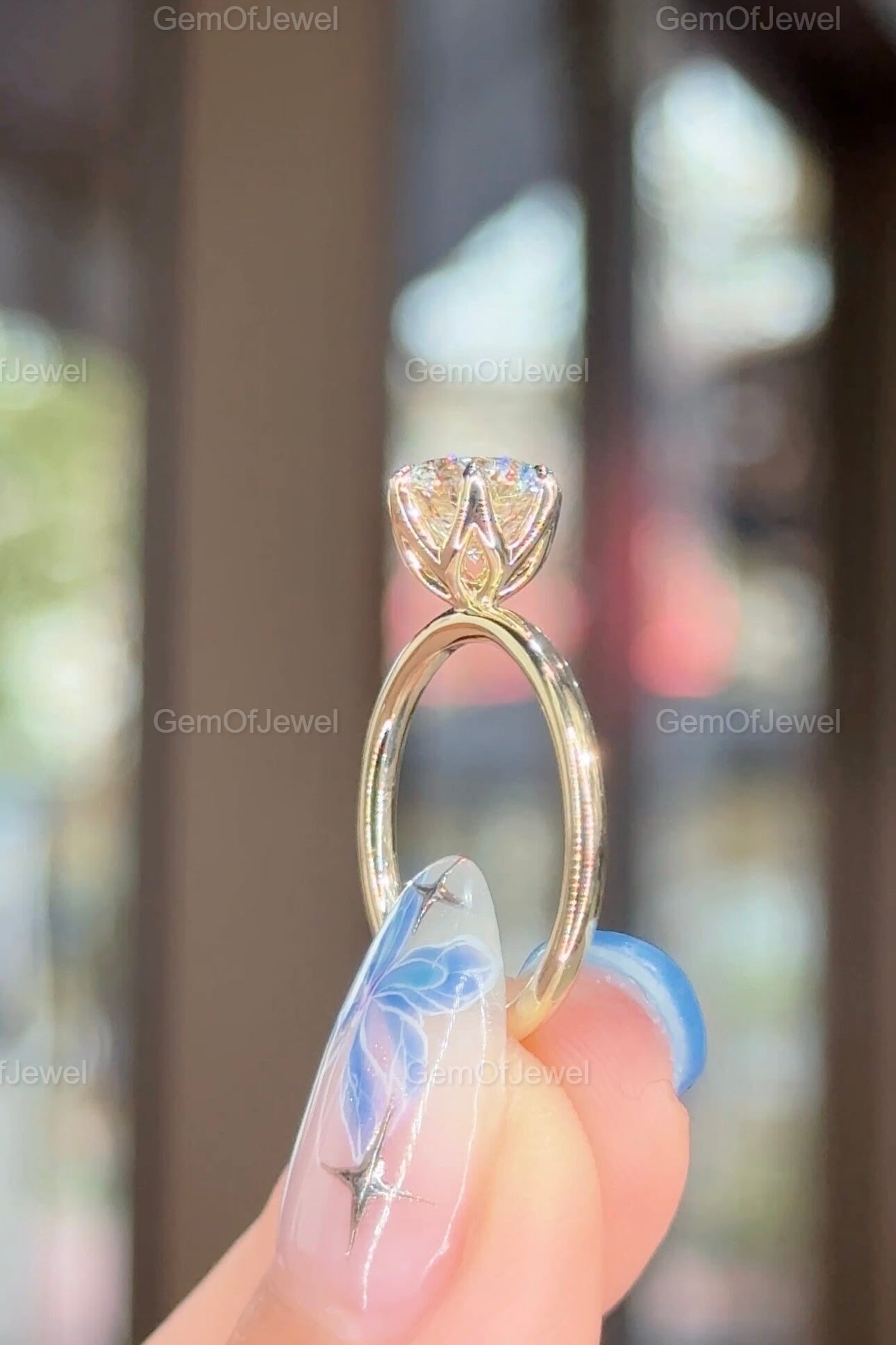 Round Moissanite With Diamond Engagement Ring, Lotus Prong 1.5CT With Solitaire Band, Six Petal Prong Bridal Ring, 1.50CT Round Cut Ring
