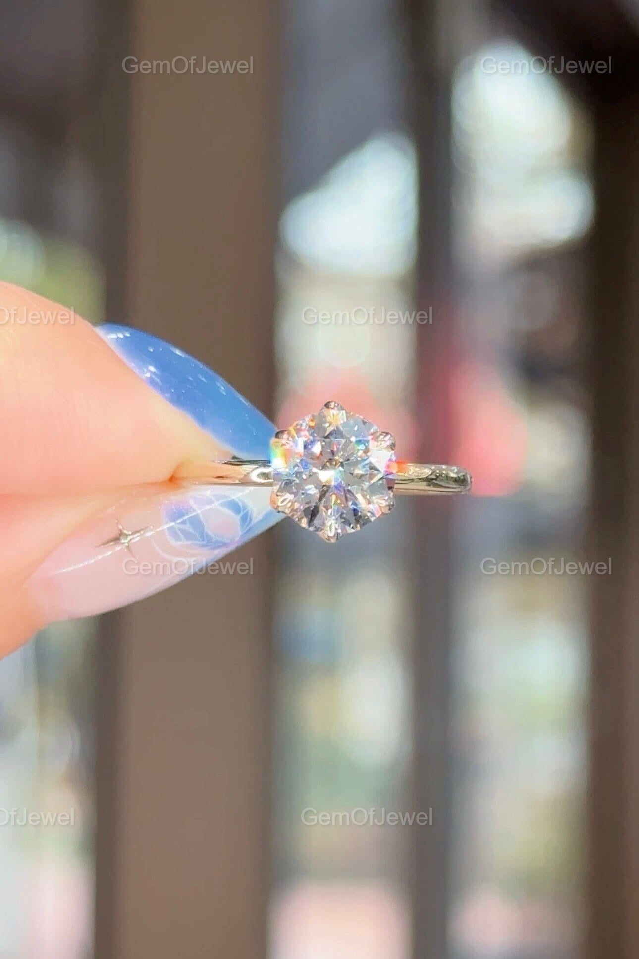 Round Moissanite With Diamond Engagement Ring, Lotus Prong 1.5CT With Solitaire Band, Six Petal Prong Bridal Ring, 1.50CT Round Cut Ring