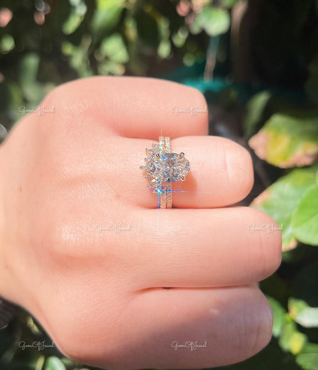 Oval Moissanite Diamond With Round Moissanite Diamond And Pear Moissanite Diamond Band Diamond Ring Set Engagement Ring For Her
