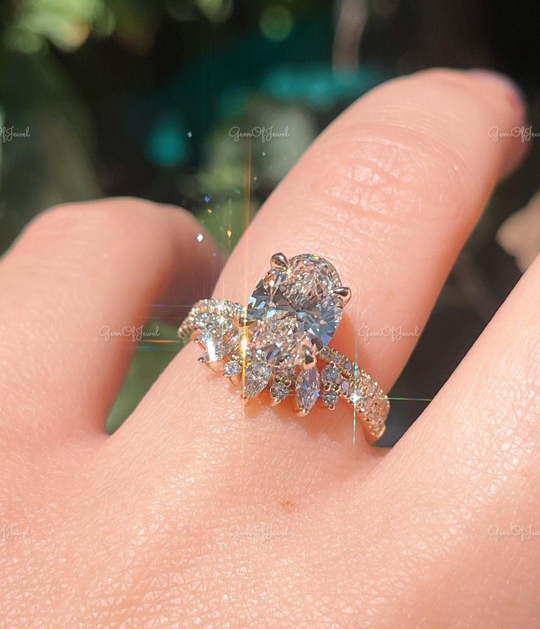 Oval Moissanite Diamond With Round Moissanite Diamond And Pear Moissanite Diamond Band Diamond Ring Set Engagement Ring For Her