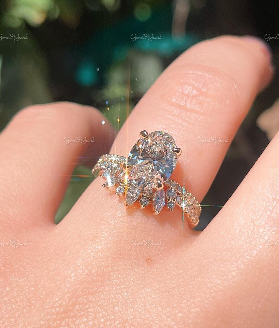 Oval Moissanite Diamond With Round Moissanite Diamond And Pear Moissanite Diamond Band Diamond Ring Set Engagement Ring For Her