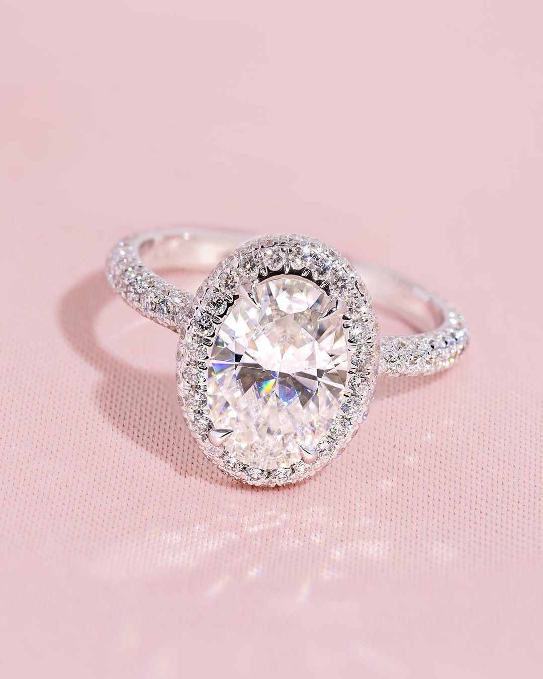 2CT Oval Moissanite Diamond With Double Halo Of Round Moissanite Diamond With 3 Way Pave Diamonds On Eternity Band Engagement Ring For Her