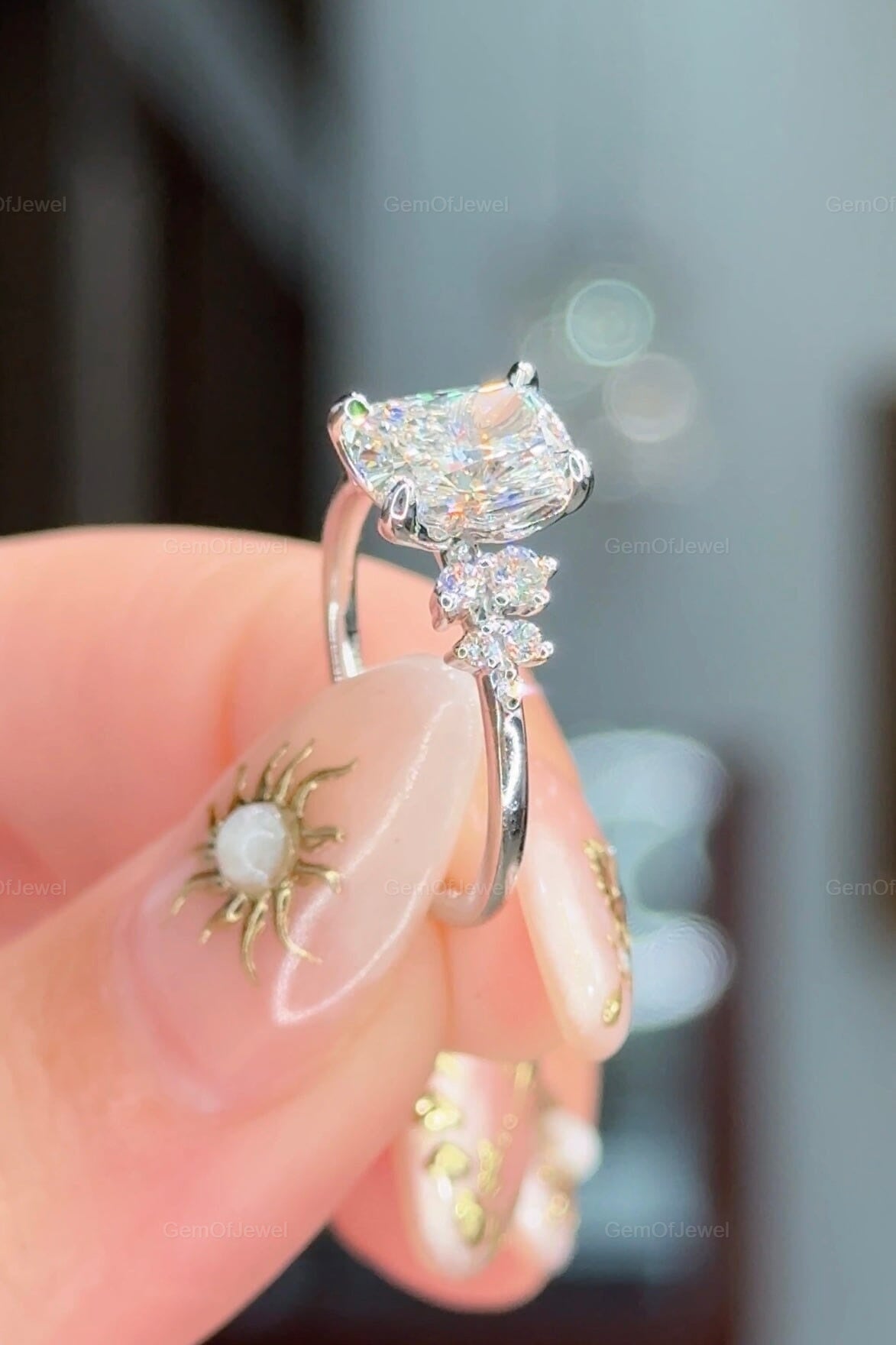 2CT Elongated Cushion Moissanite Engagement Ring, Cushion Moissanite Ring with Side Round Diamond Cluster Ring For Her, Wedding Gift For Her
