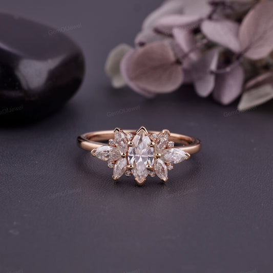 Vintage Moissanite Engagement Ring, Rose Gold Round Cluster, Marquise Cut Moissanite Diamond Rind, Bridal Ring, Promise Anniversary Gift