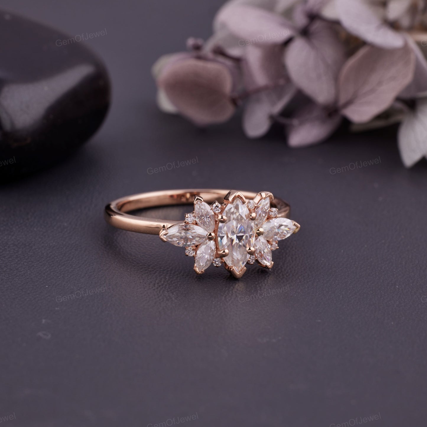 Vintage Moissanite Engagement Ring, Rose Gold Round Cluster, Marquise Cut Moissanite Diamond Rind, Bridal Ring, Promise Anniversary Gift