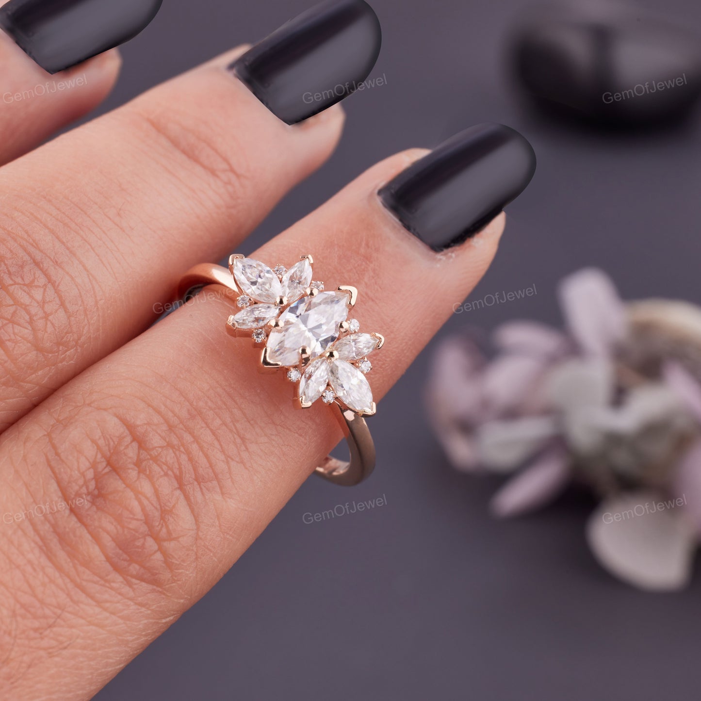 Vintage Moissanite Engagement Ring, Rose Gold Round Cluster, Marquise Cut Moissanite Diamond Rind, Bridal Ring, Promise Anniversary Gift