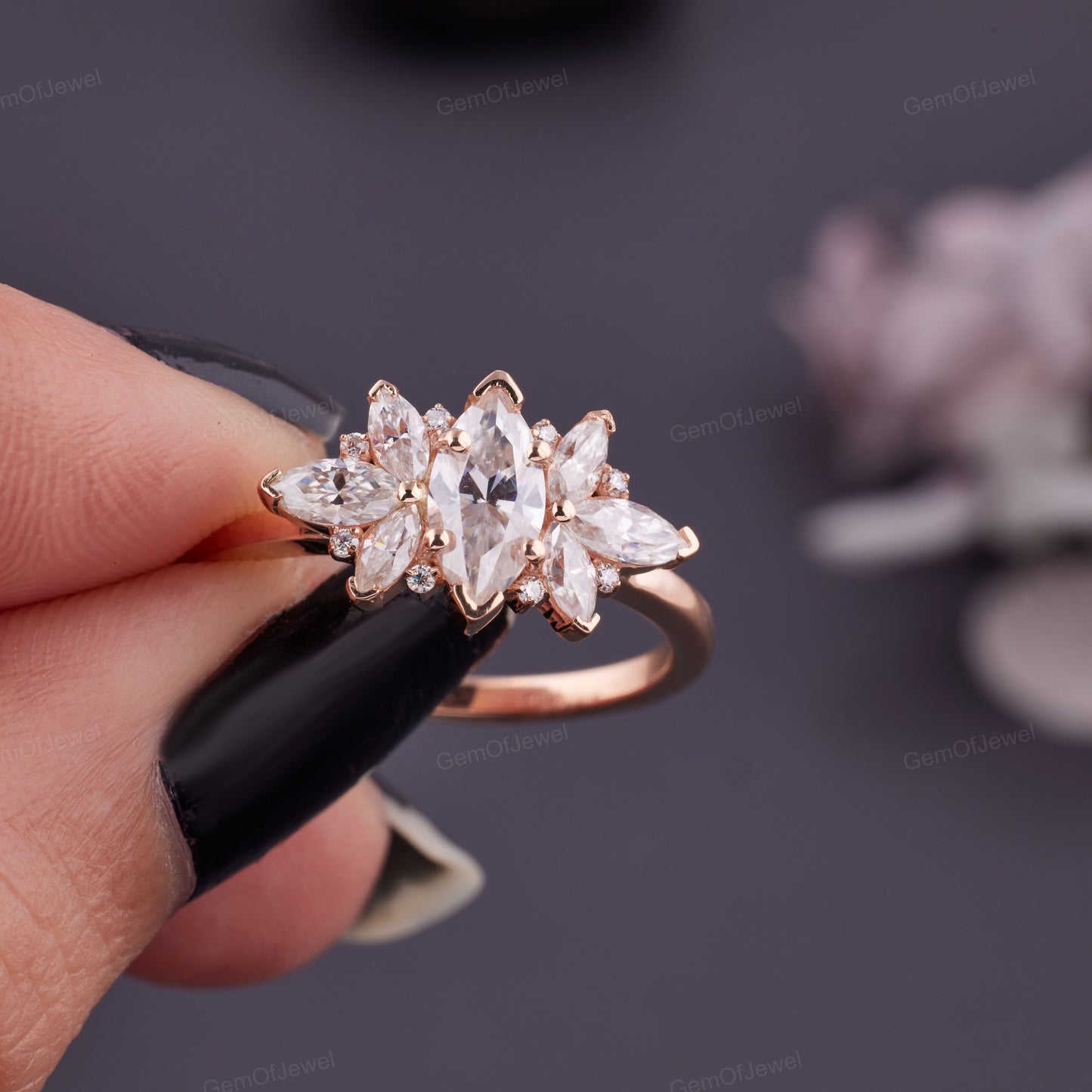 Vintage Moissanite Engagement Ring, Rose Gold Round Cluster, Marquise Cut Moissanite Diamond Rind, Bridal Ring, Promise Anniversary Gift