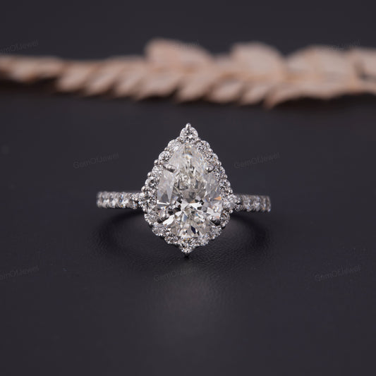 2.30 CT Pear Cut Moissanite Halo Engagement Ring, Pear Diamond Wedding Ring, Stacking Anniversary Ring for Her, Proposal Ring, 14k Gold Ring