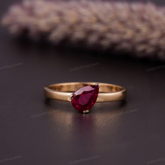 Antique Pear Red Ruby Engagement Ring, 14k Gold Ruby Solitaire Wedding Ring, Unique Solitaire Engagement Ring, Vintage Bridal Promise Ring,