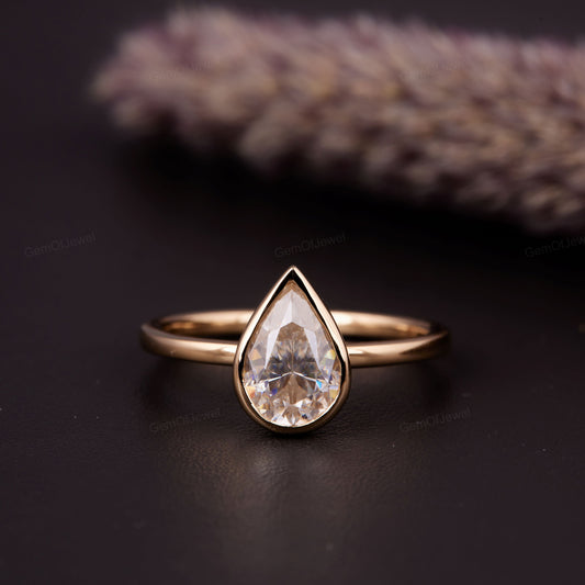 1.50 CT Pear Cut Moissanite Engagement Ring, 14k Yellow Gold Anniversary Ring, Bezel Set Ring, Solitaire Wedding Diamond Ring, Promise Ring