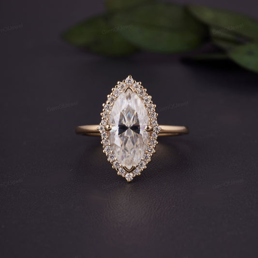 1ct Marquise Moissanite Engagement Ring, Cluster Halo Marquise Moissanite Diamond Engagement Ring, Flower Halo Ring For Her, Moissanite Ring