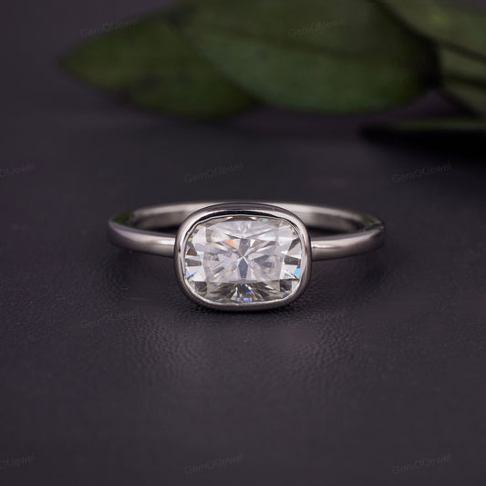 1.75 CT Elongate Cushion Cut Colorless Solitaire Moissanite Ring, East to West Set, Solitaire Engagement Ring, Bezel Set, Anniversary Gift