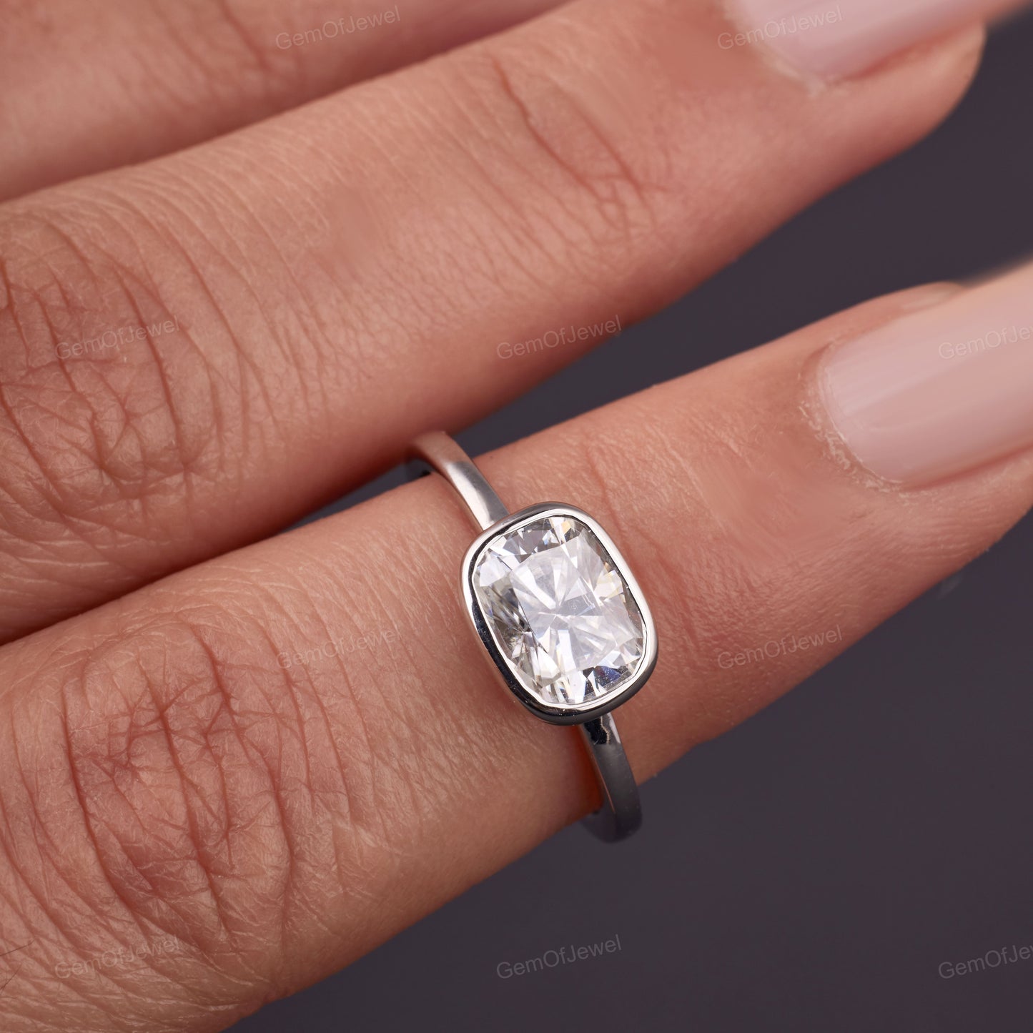 1.75 CT Elongate Cushion Cut Colorless Solitaire Moissanite Ring, East to West Set, Solitaire Engagement Ring, Bezel Set, Anniversary Gift