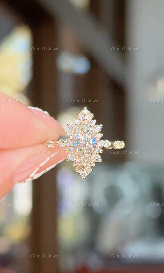 Marquise Diamond Moissanite Vintage Ring With Halo Of Round Moissanite Diamond And Bubble Design Band, Marquise Moissanite Vintage Halo Ring