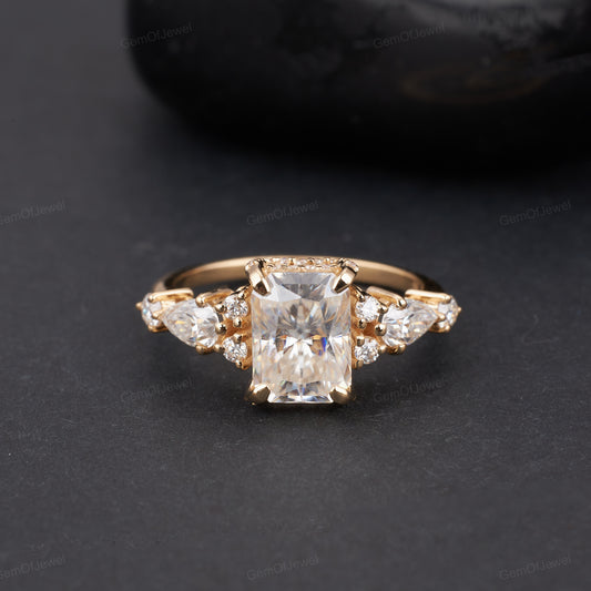 2.50 CT Radiant Cut Moissanite Ring, Pear And Round Cut Three Stone Engagement Ring, Antique Cut Moissanite, Wedding Ring, Unique Ring